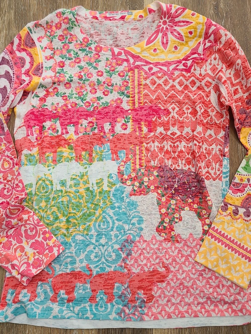 Whimsy Rose Mandela and Elephant Waffle Long Sleeve Top Size XL